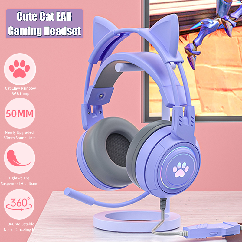 Esports Gaming Monitor - Sevimli kedi kulak oyun mikrofonlu kulaklıklar